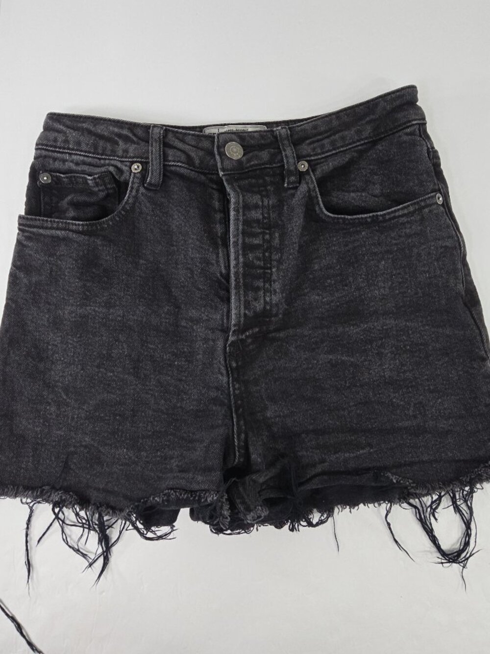 Free People Black High‑Waisted Distressed Denim Shorts W 28 Button Fly Cutoff...